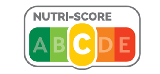 Logo Nutri-Score avec une lettre A en vert foncée, une lettre B en vert claire, une lettre C en jaune, une lettre D en orange et une lettre E en orange foncée